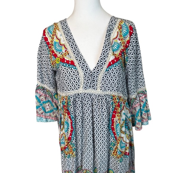 Umgee Boho Tunic Mixed Print Dress Small Lightweight V-Neck Geometric Bohemian - Picture 2 of 9